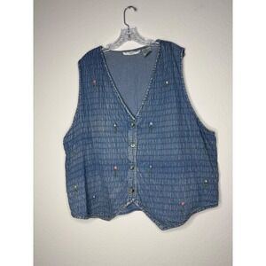 Victoria Jones Woman Vintage Denim Vest Embroidered Floral Cottagecore Size 22W